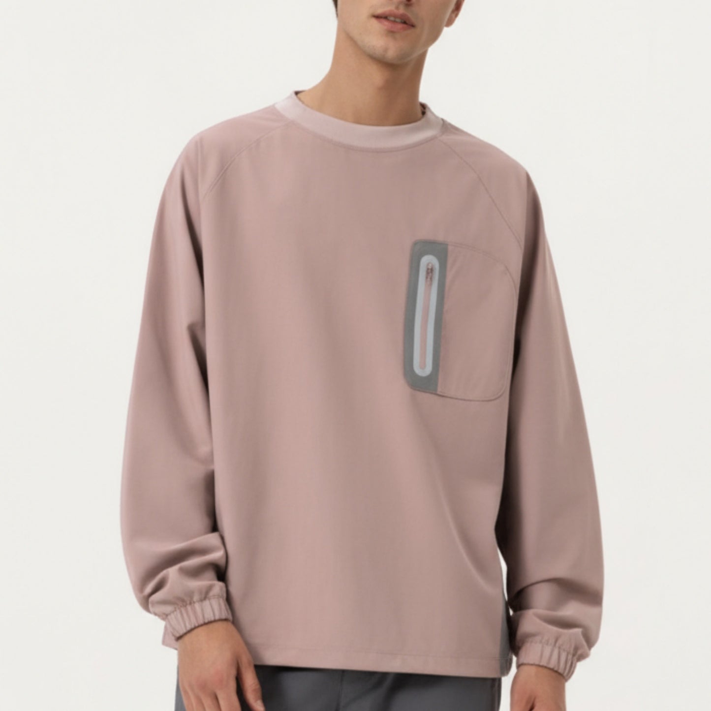 Anna-Kaci Men's Long Sleeve Pullover Crew Neck Top with Contrast Zipper Chest Pocket and Elastic Cuffs