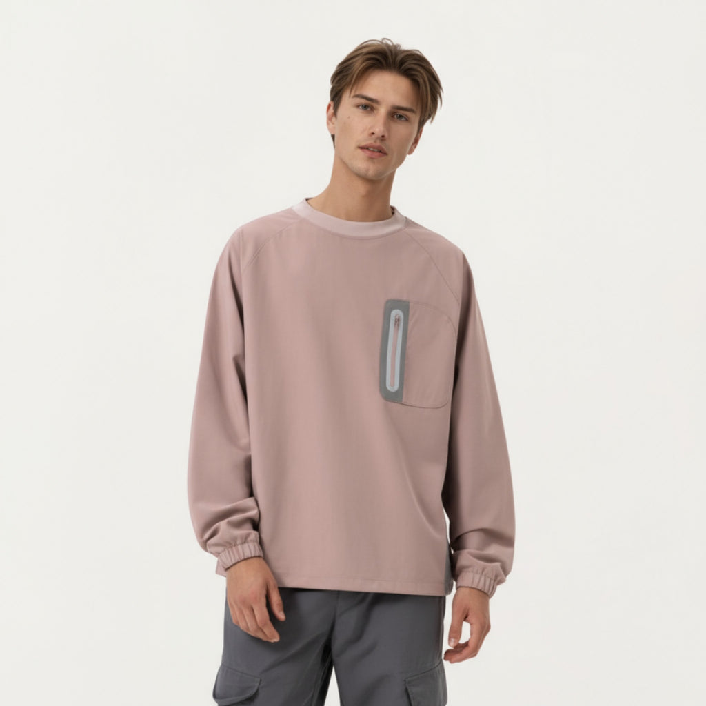 Anna-Kaci Men's Long Sleeve Pullover Crew Neck Top with Contrast Zipper Chest Pocket and Elastic Cuffs