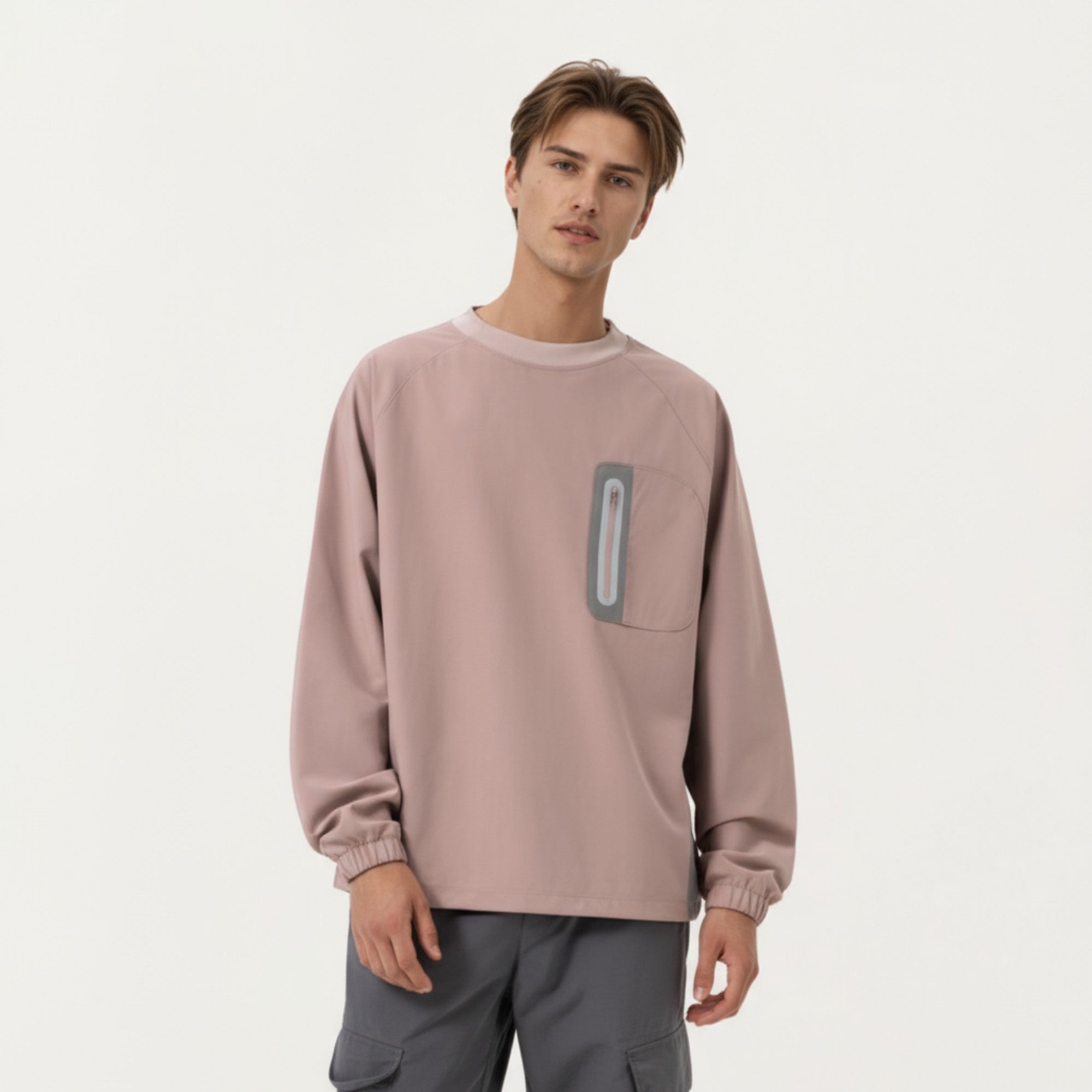 Anna-Kaci Men's Long Sleeve Pullover Crew Neck Top with Contrast Zipper Chest Pocket and Elastic Cuffs