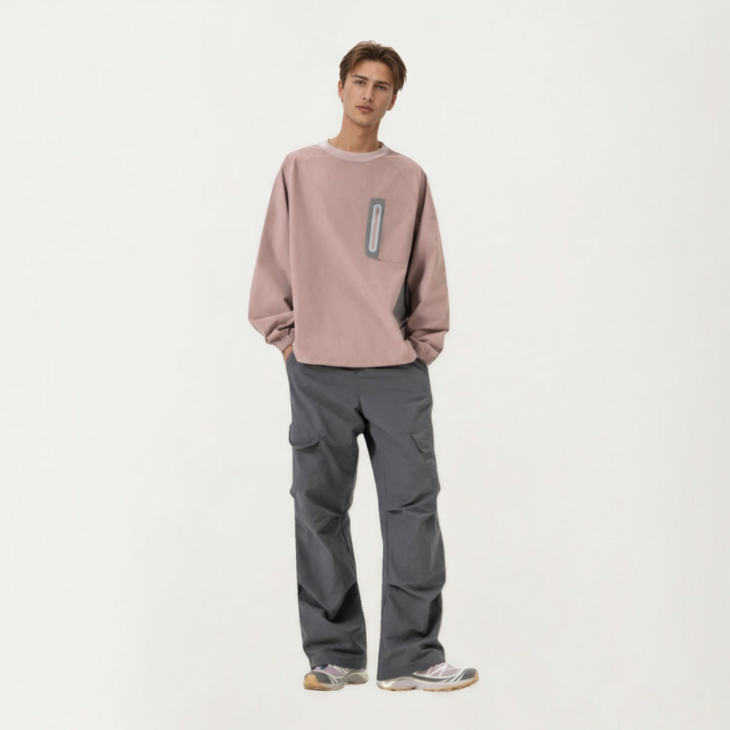 Anna-Kaci Men's Long Sleeve Pullover Crew Neck Top with Contrast Zipper Chest Pocket and Elastic Cuffs