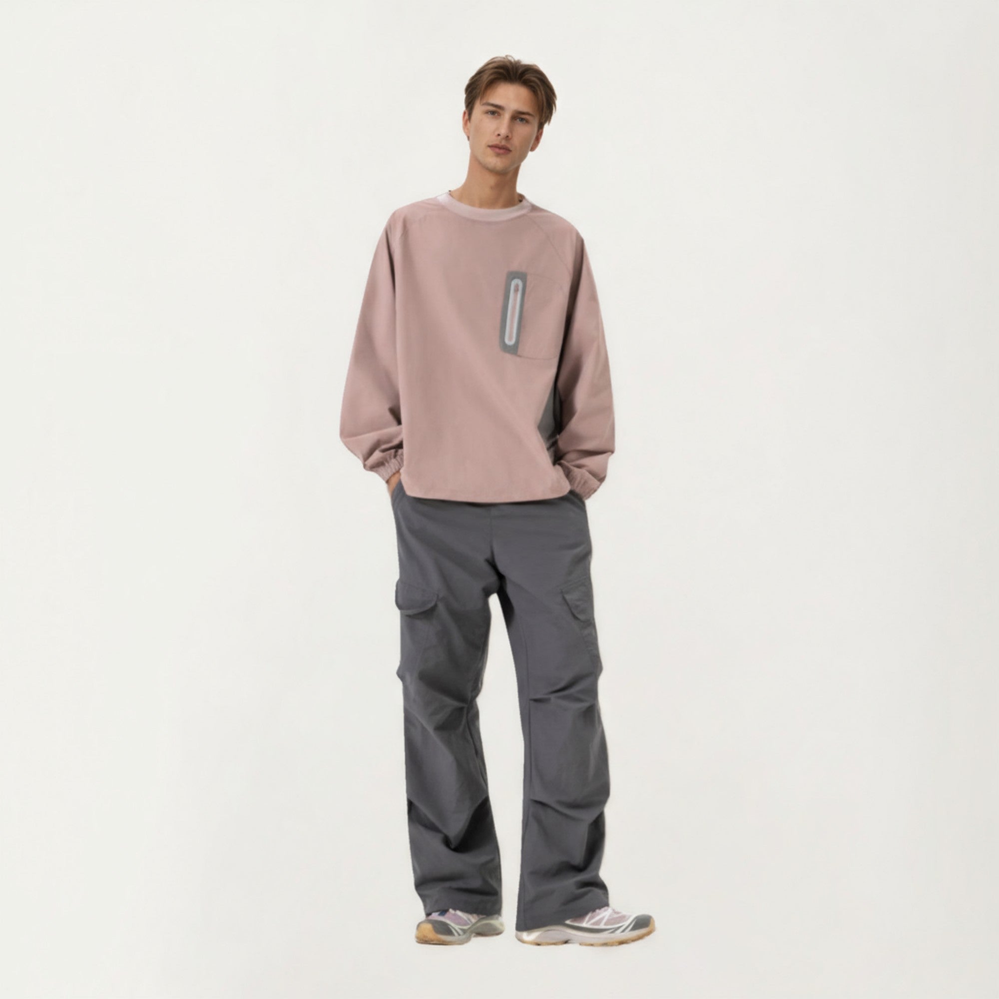 Anna-Kaci Men's Long Sleeve Pullover Crew Neck Top with Contrast Zipper Chest Pocket and Elastic Cuffs