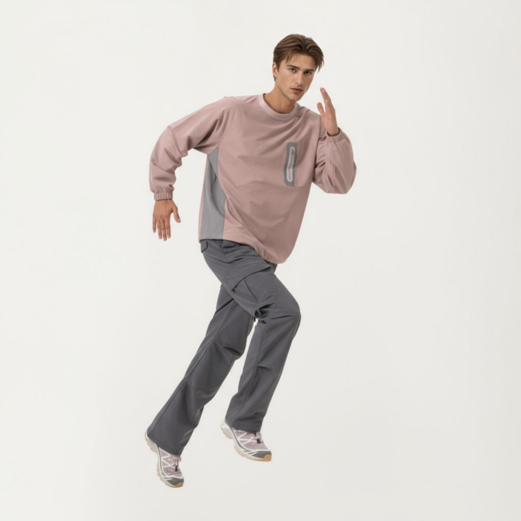 Anna-Kaci Men's Long Sleeve Pullover Crew Neck Top with Contrast Zipper Chest Pocket and Elastic Cuffs