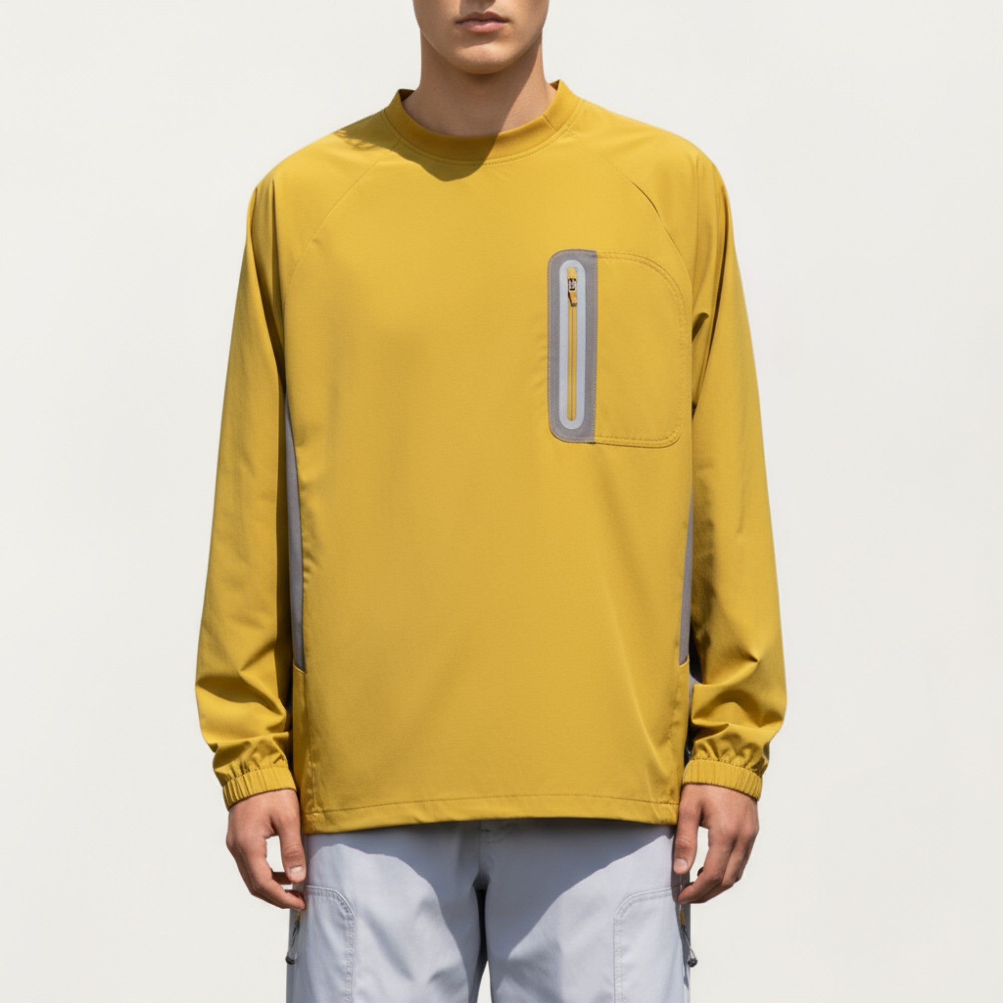 Anna-Kaci Men's Long Sleeve Pullover Crew Neck Top with Contrast Zipper Chest Pocket and Elastic Cuffs