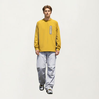 Anna-Kaci Men's Long Sleeve Pullover Crew Neck Top with Contrast Zipper Chest Pocket and Elastic Cuffs