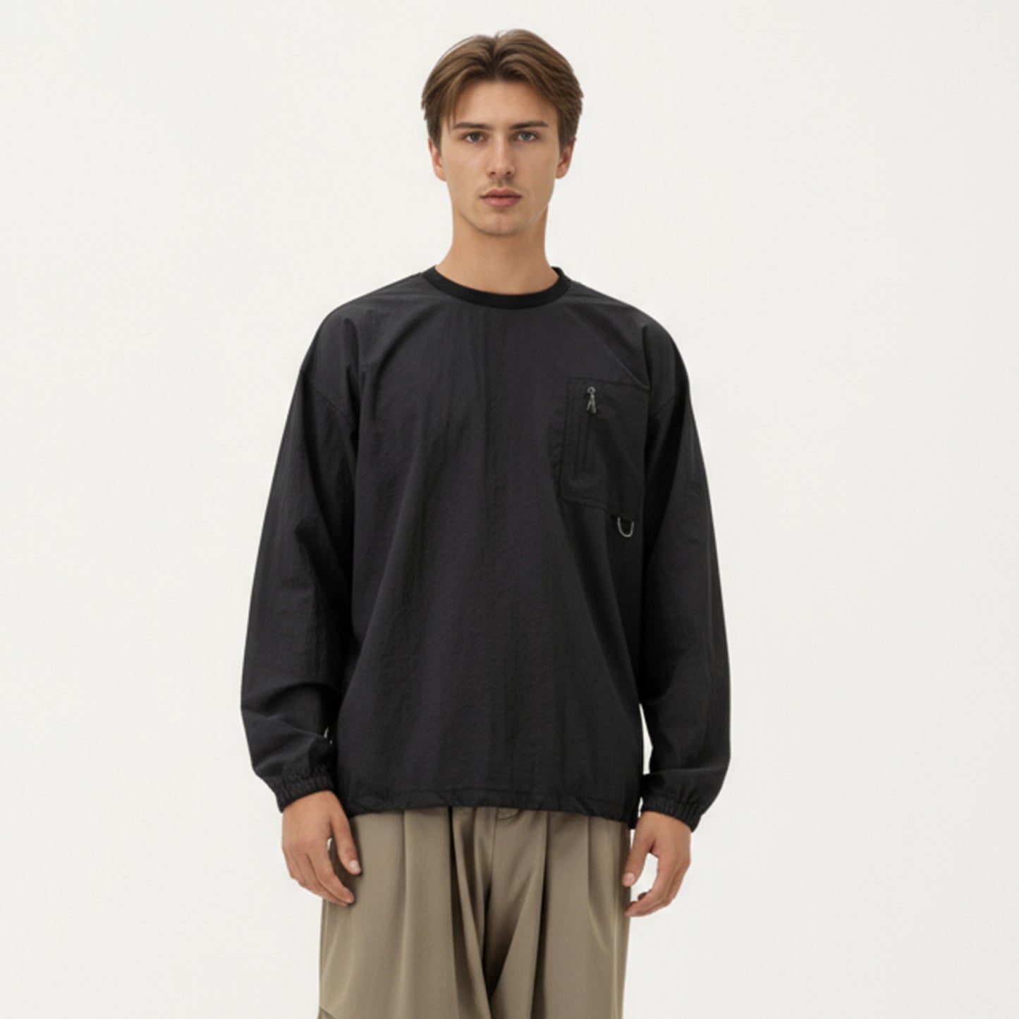 Anna-Kaci Men's Long Sleeve Crew Neck Utility Pullover with Zipper Chest Pocket and Elastic Cuffs