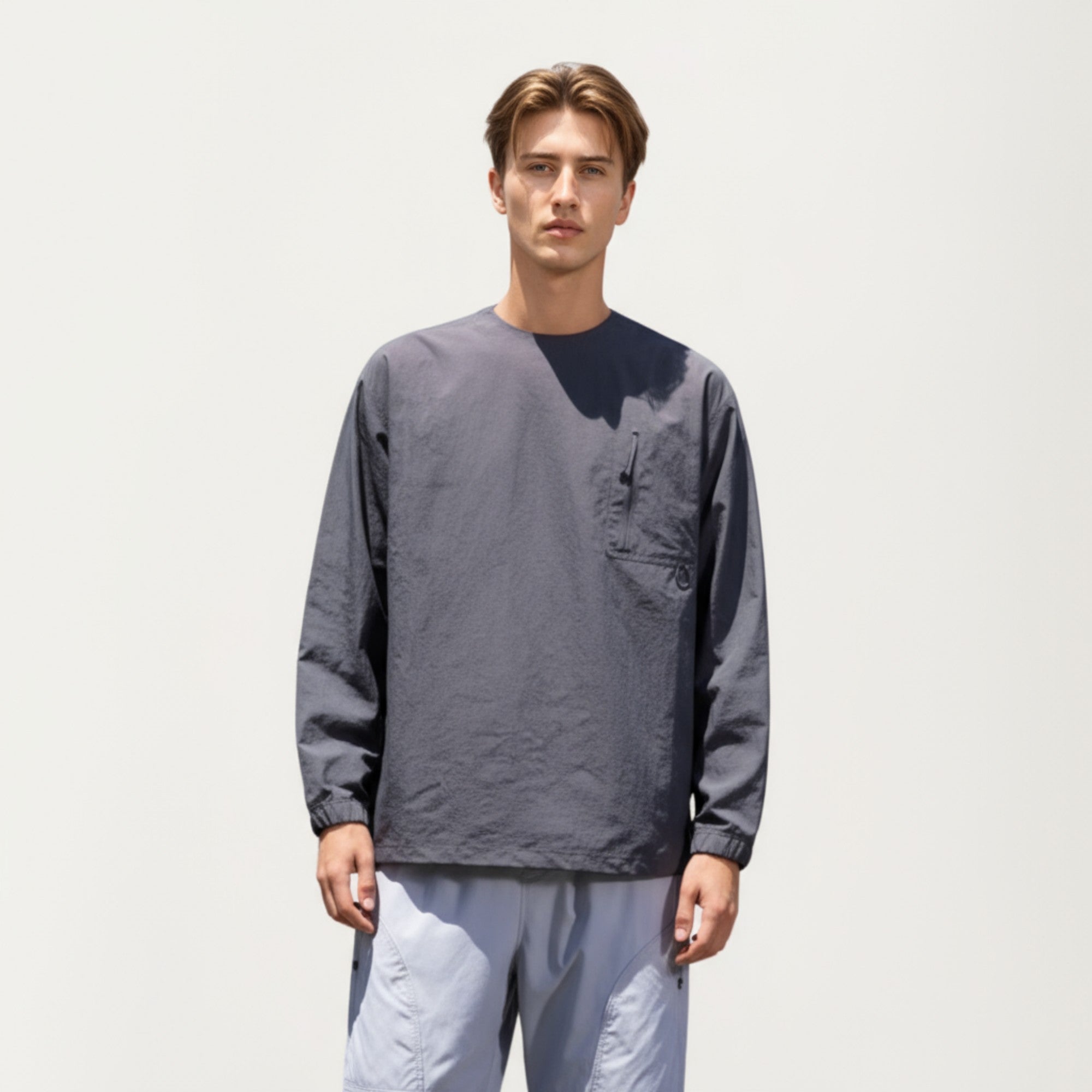 Anna-Kaci Men's Long Sleeve Crew Neck Utility Pullover with Zipper Chest Pocket and Elastic Cuffs