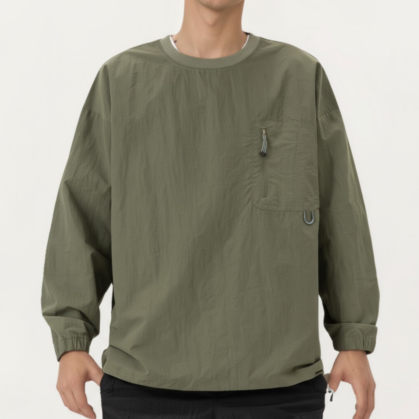 Anna-Kaci Men's Long Sleeve Crew Neck Utility Pullover with Zipper Chest Pocket and Elastic Cuffs