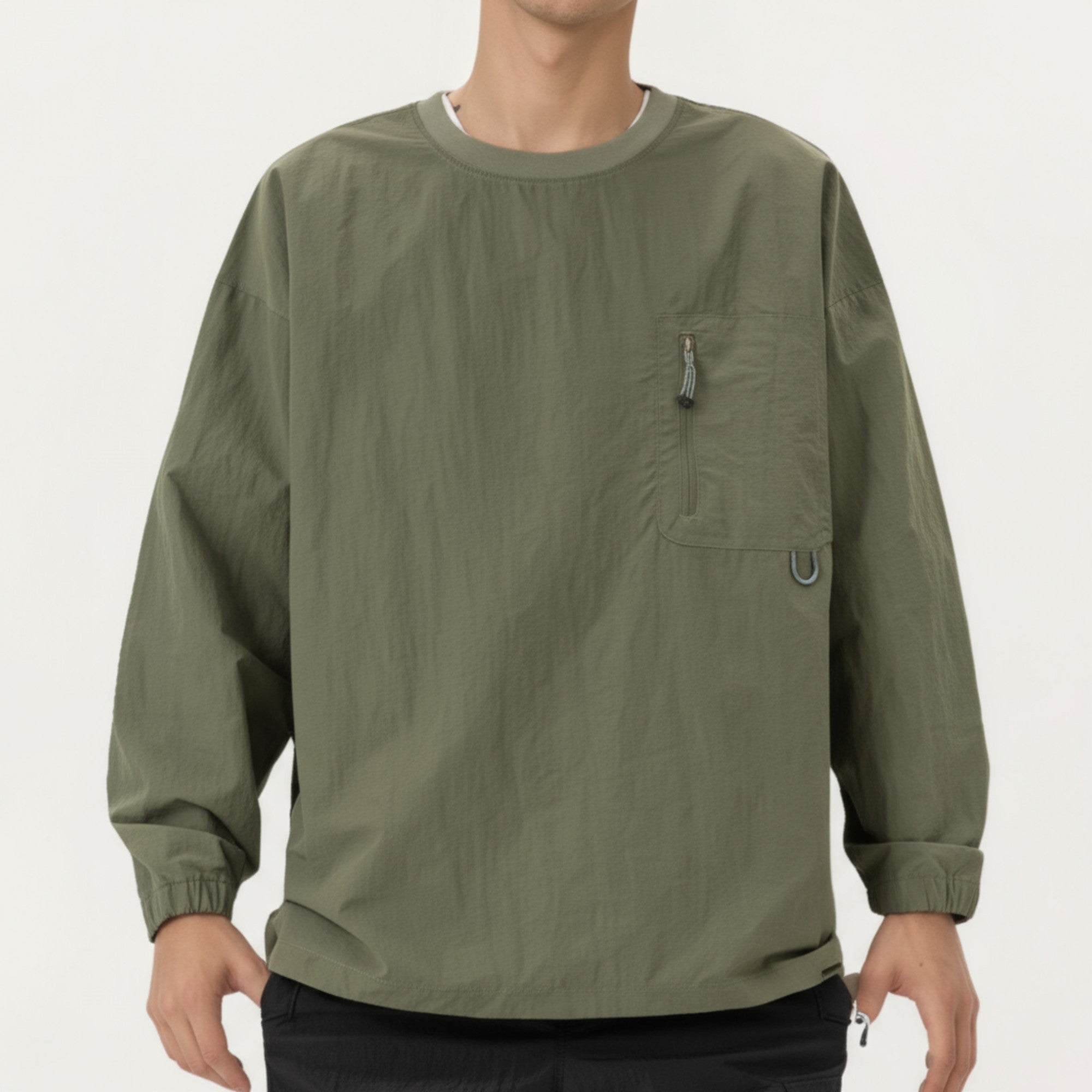 Anna-Kaci Men's Long Sleeve Crew Neck Utility Pullover with Zipper Chest Pocket and Elastic Cuffs