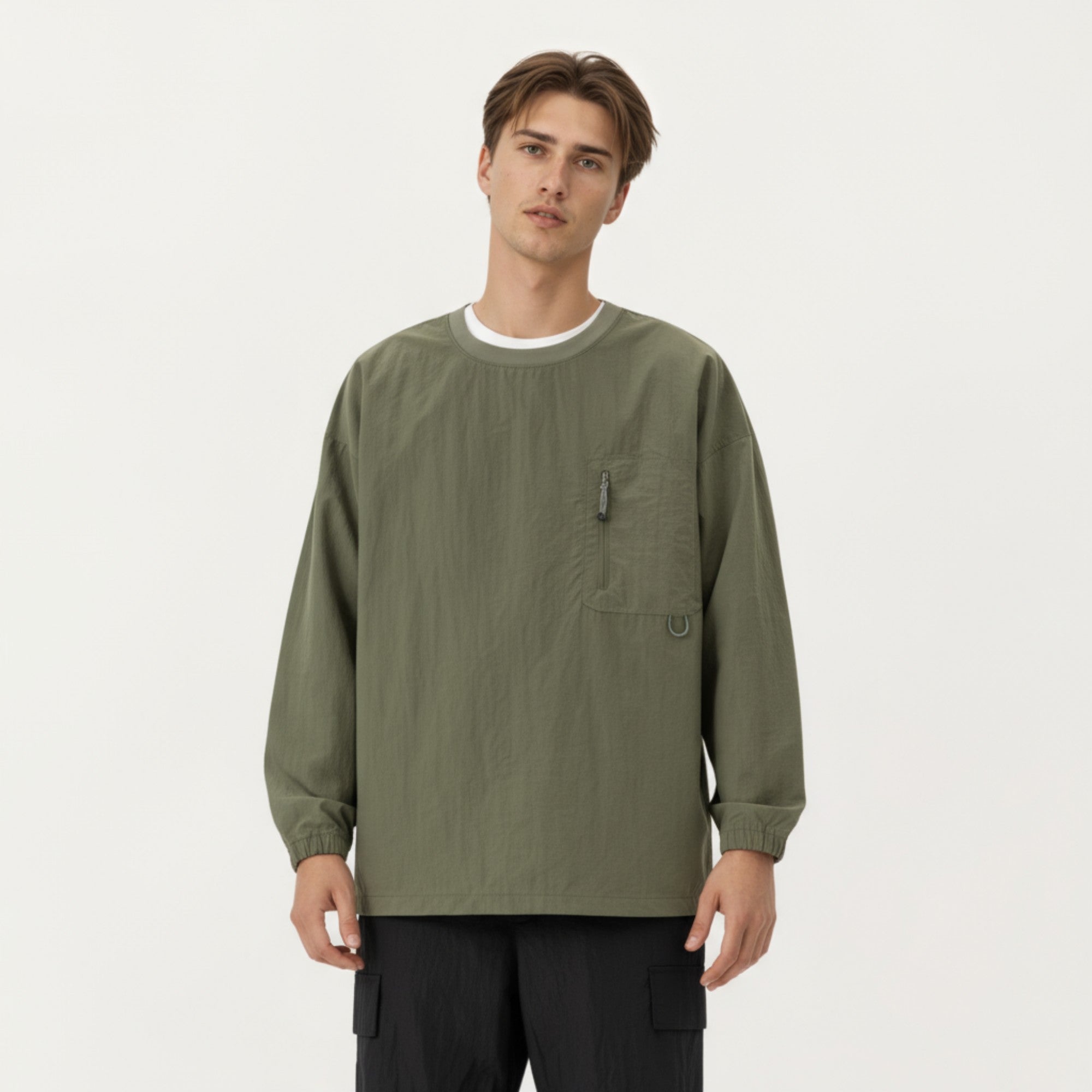 Anna-Kaci Men's Long Sleeve Crew Neck Utility Pullover with Zipper Chest Pocket and Elastic Cuffs