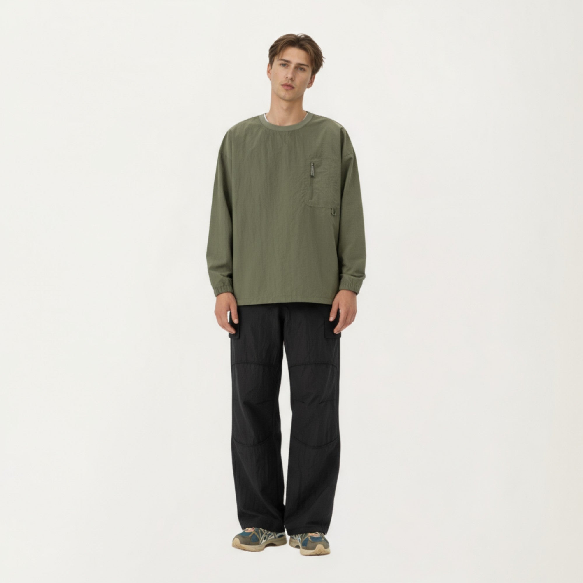 Anna-Kaci Men's Long Sleeve Crew Neck Utility Pullover with Zipper Chest Pocket and Elastic Cuffs