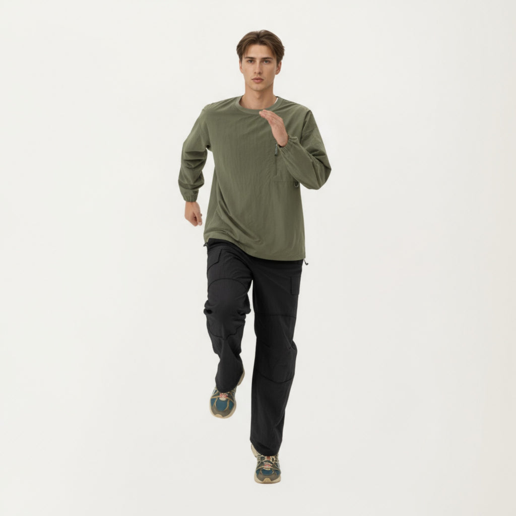 Anna-Kaci Men's Long Sleeve Crew Neck Utility Pullover with Zipper Chest Pocket and Elastic Cuffs