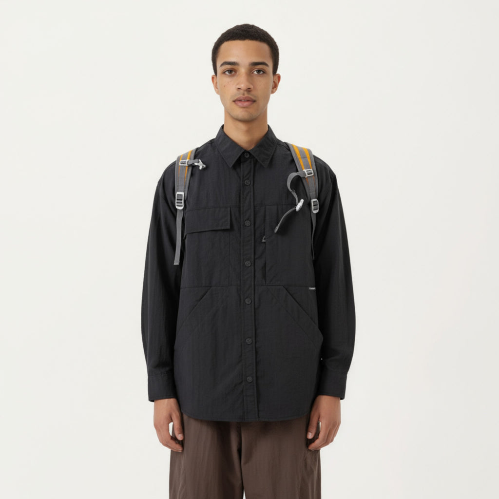 Anna-Kaci Men's Long Sleeve Button-Up Utility Shirt with Chest Pocket and Structured Stitch Detailing