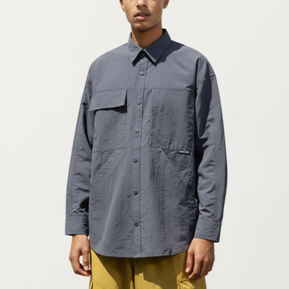 Anna-Kaci Men's Long Sleeve Button-Up Utility Shirt with Chest Pocket and Structured Stitch Detailing