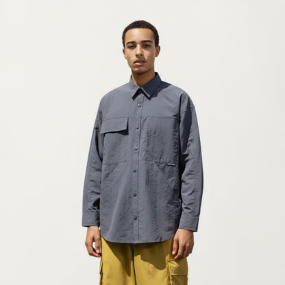 Anna-Kaci Men's Long Sleeve Button-Up Utility Shirt with Chest Pocket and Structured Stitch Detailing