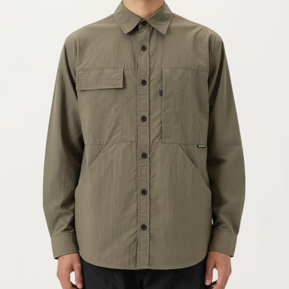 Anna-Kaci Men's Long Sleeve Button-Up Utility Shirt with Chest Pocket and Structured Stitch Detailing
