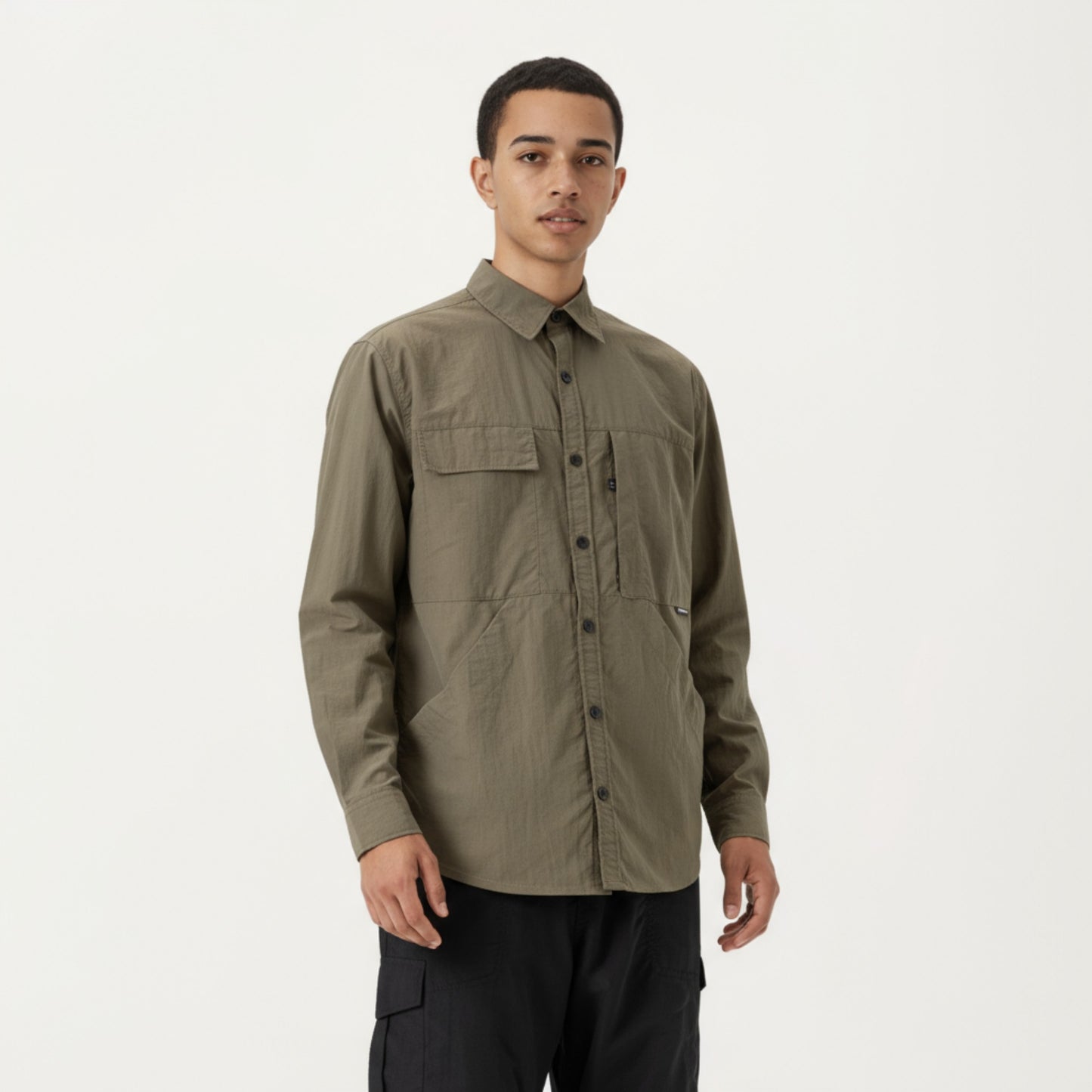 Anna-Kaci Men's Long Sleeve Button-Up Utility Shirt with Chest Pocket and Structured Stitch Detailing