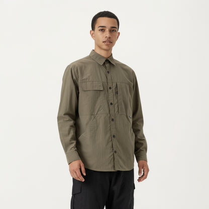 Anna-Kaci Men's Long Sleeve Button-Up Utility Shirt with Chest Pocket and Structured Stitch Detailing