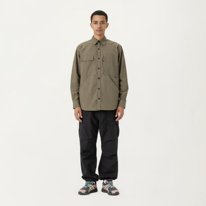 Anna-Kaci Men's Long Sleeve Button-Up Utility Shirt with Chest Pocket and Structured Stitch Detailing