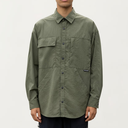 Anna-Kaci Men's Long Sleeve Button-Up Utility Shirt with Chest Pocket and Structured Stitch Detailing