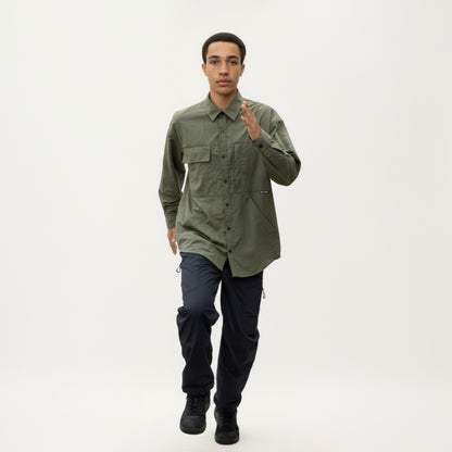 Anna-Kaci Men's Long Sleeve Button-Up Utility Shirt with Chest Pocket and Structured Stitch Detailing