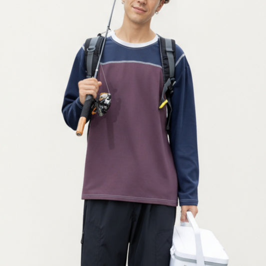 Anna-Kaci Men's Long Sleeve Color Block Crew Neck Pullover with Contrast Stitching and Relaxed Fit