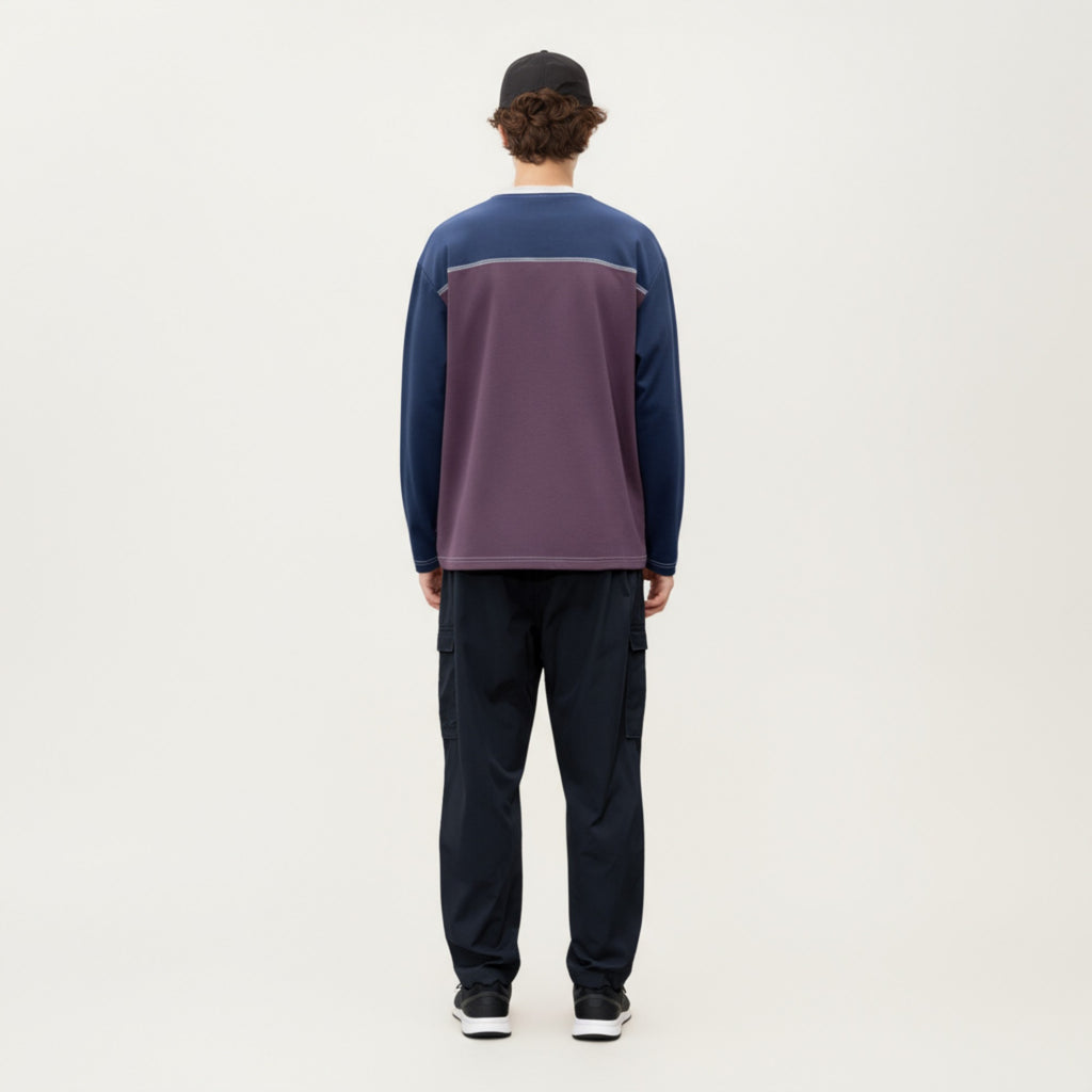 Anna-Kaci Men's Long Sleeve Color Block Crew Neck Pullover with Contrast Stitching and Relaxed Fit