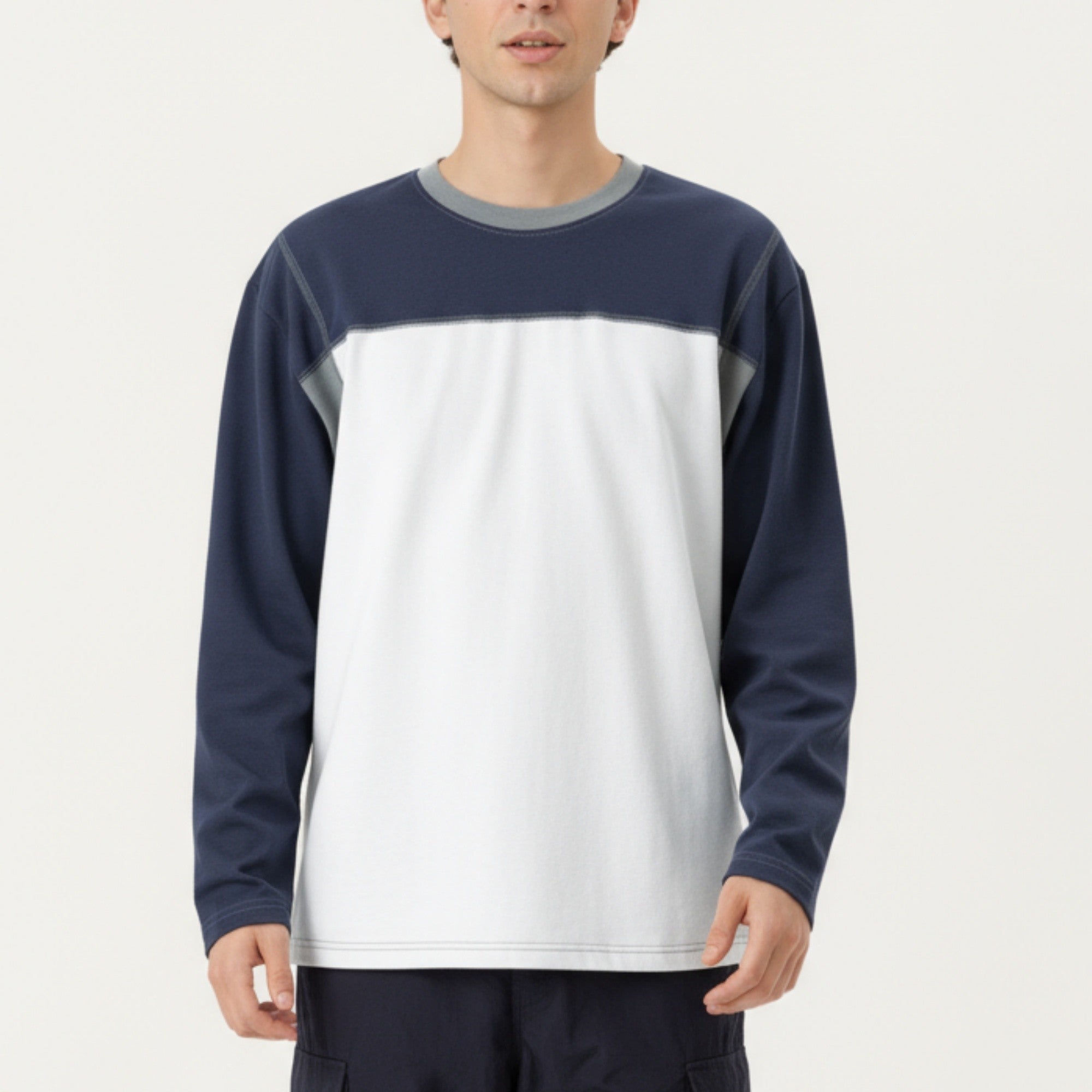 Anna-Kaci Men's Long Sleeve Color Block Crew Neck Pullover with Contrast Stitching and Relaxed Fit