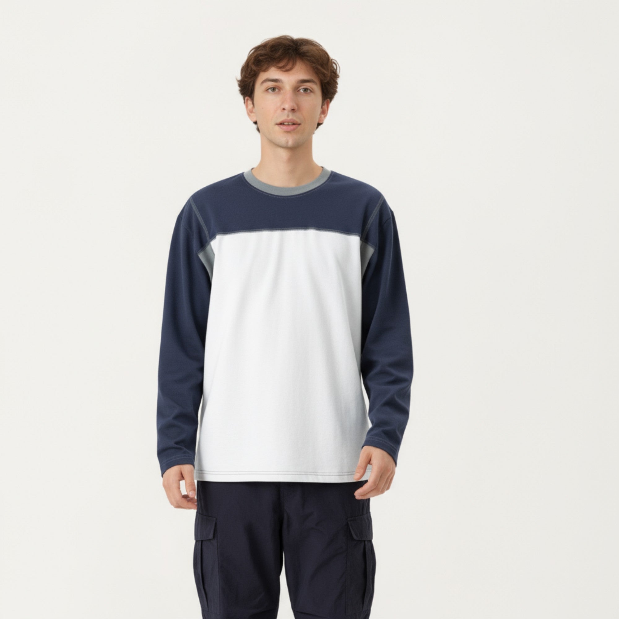 Anna-Kaci Men's Long Sleeve Color Block Crew Neck Pullover with Contrast Stitching and Relaxed Fit