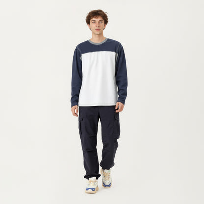 Anna-Kaci Men's Long Sleeve Color Block Crew Neck Pullover with Contrast Stitching and Relaxed Fit