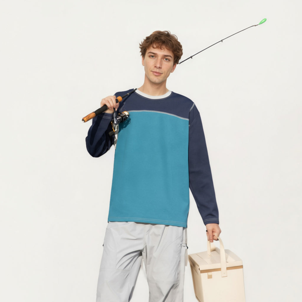 Anna-Kaci Men's Long Sleeve Color Block Crew Neck Pullover with Contrast Stitching and Relaxed Fit
