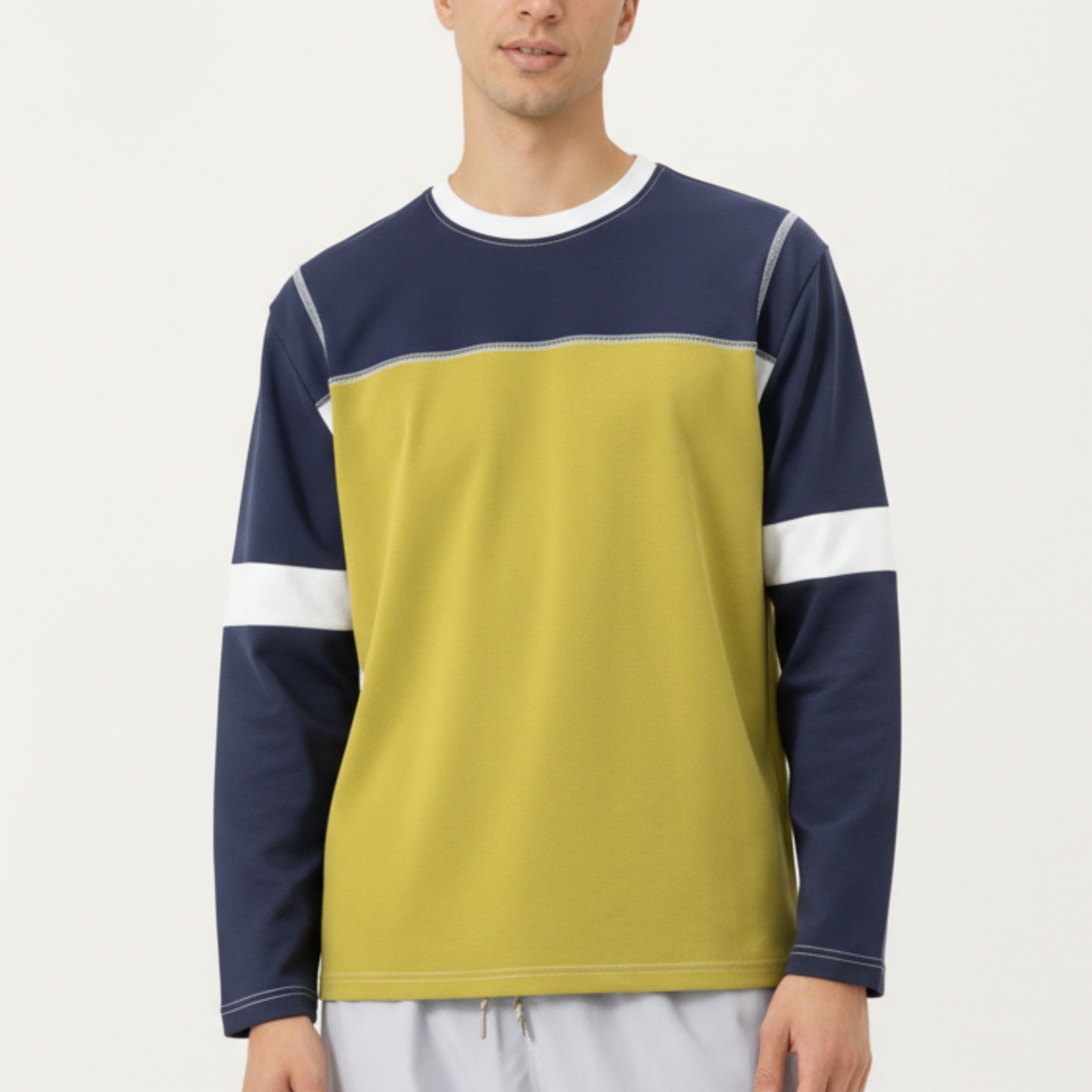 Anna-Kaci Men's Long Sleeve Color Block Crew Neck Pullover with Contrast Stitching and Relaxed Fit