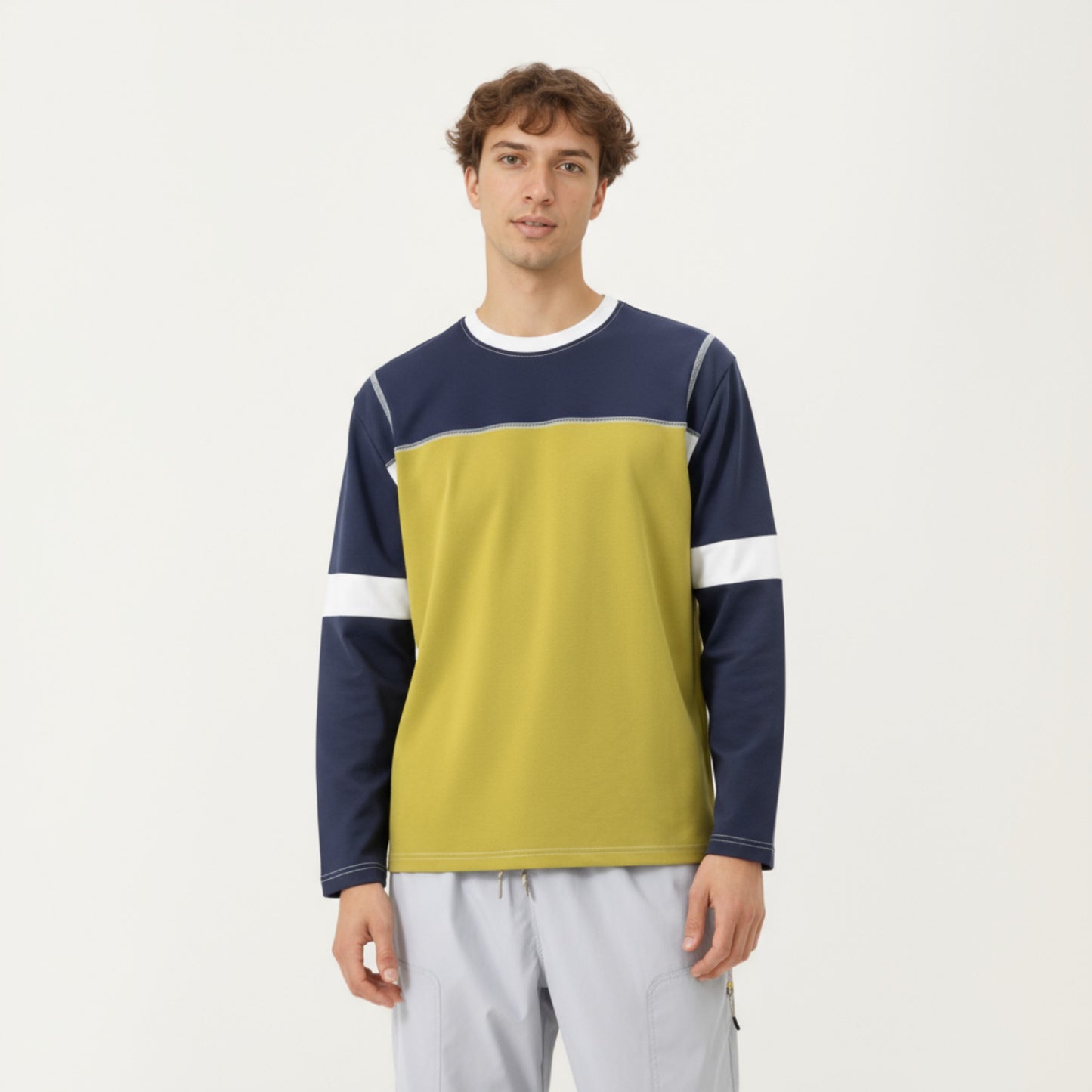 Anna-Kaci Men's Long Sleeve Color Block Crew Neck Pullover with Contrast Stitching and Relaxed Fit