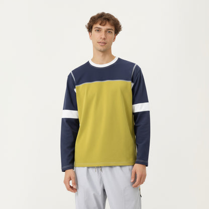 Anna-Kaci Men's Long Sleeve Color Block Crew Neck Pullover with Contrast Stitching and Relaxed Fit