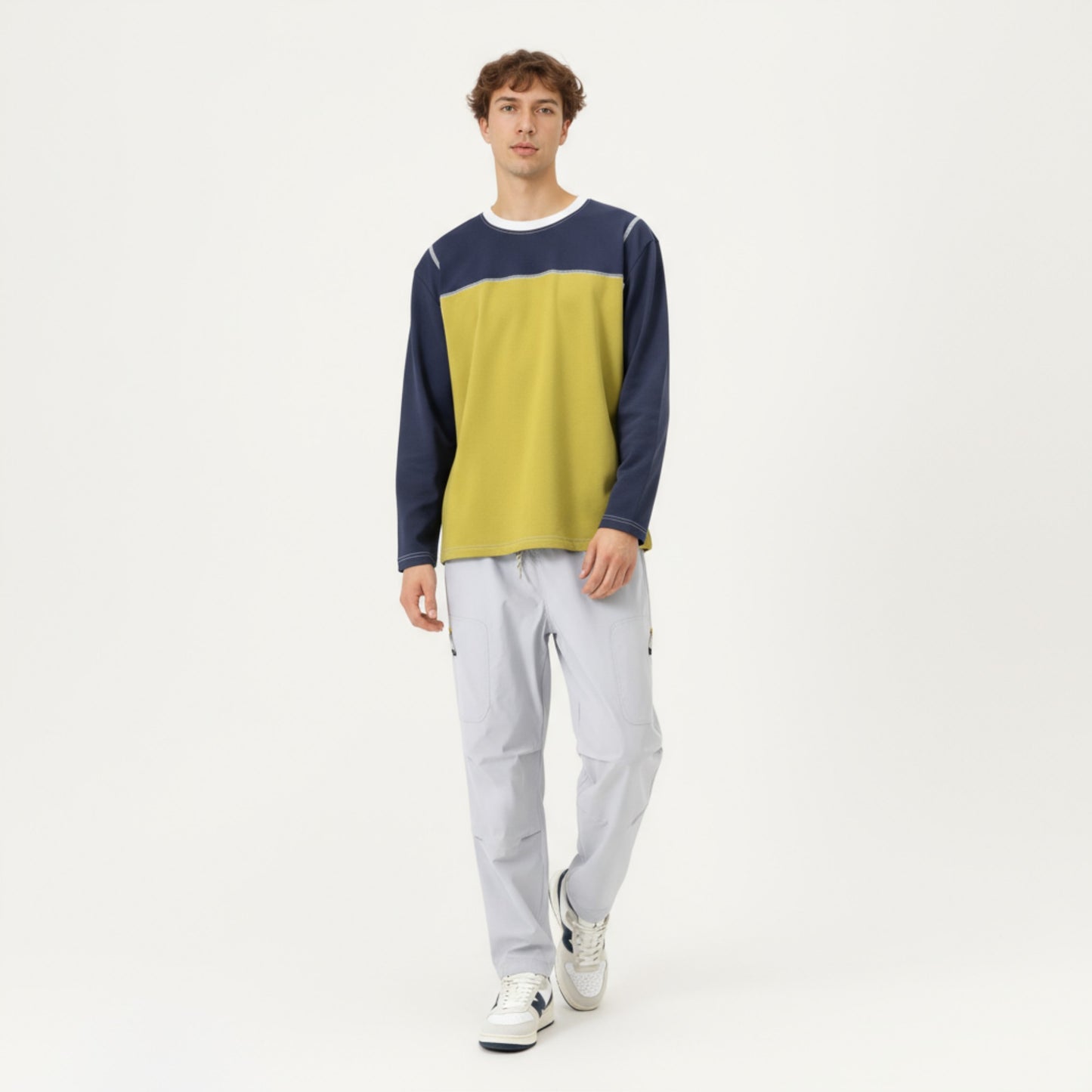Anna-Kaci Men's Long Sleeve Color Block Crew Neck Pullover with Contrast Stitching and Relaxed Fit