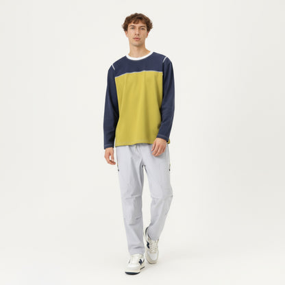 Anna-Kaci Men's Long Sleeve Color Block Crew Neck Pullover with Contrast Stitching and Relaxed Fit