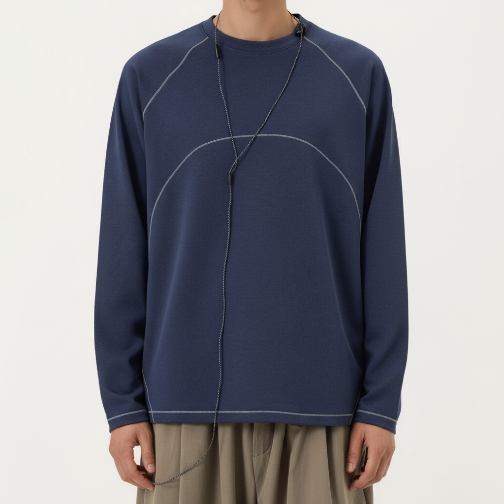 Anna-Kaci Men's Long Sleeve Crew Neck Pullover with Raglan Seams and Subtle Front Stitch Detail