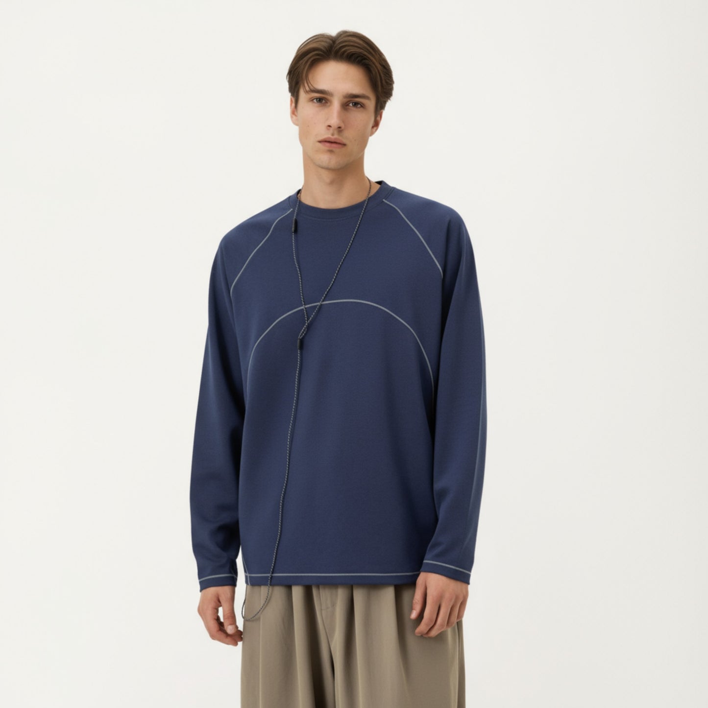 Anna-Kaci Men's Long Sleeve Crew Neck Pullover with Raglan Seams and Subtle Front Stitch Detail