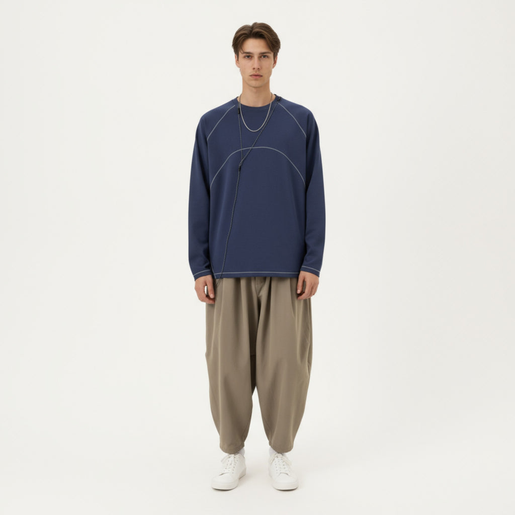 Anna-Kaci Men's Long Sleeve Crew Neck Pullover with Raglan Seams and Subtle Front Stitch Detail
