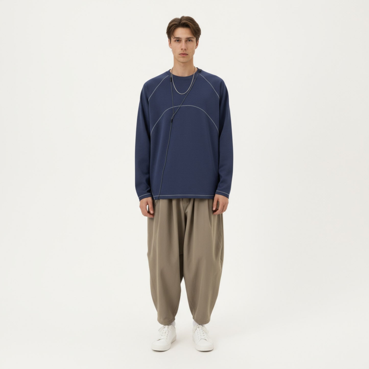 Anna-Kaci Men's Long Sleeve Crew Neck Pullover with Raglan Seams and Subtle Front Stitch Detail