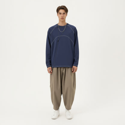 Anna-Kaci Men's Long Sleeve Crew Neck Pullover with Raglan Seams and Subtle Front Stitch Detail