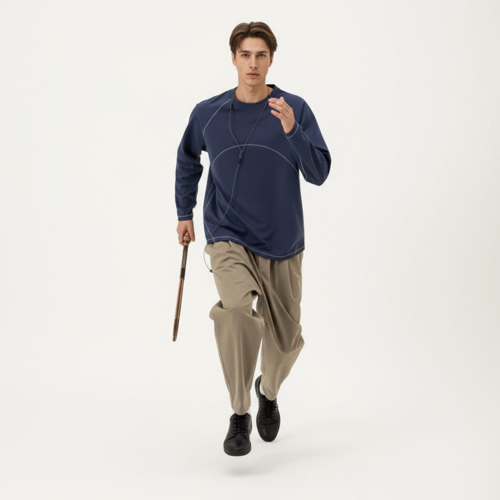 Anna-Kaci Men's Long Sleeve Crew Neck Pullover with Raglan Seams and Subtle Front Stitch Detail