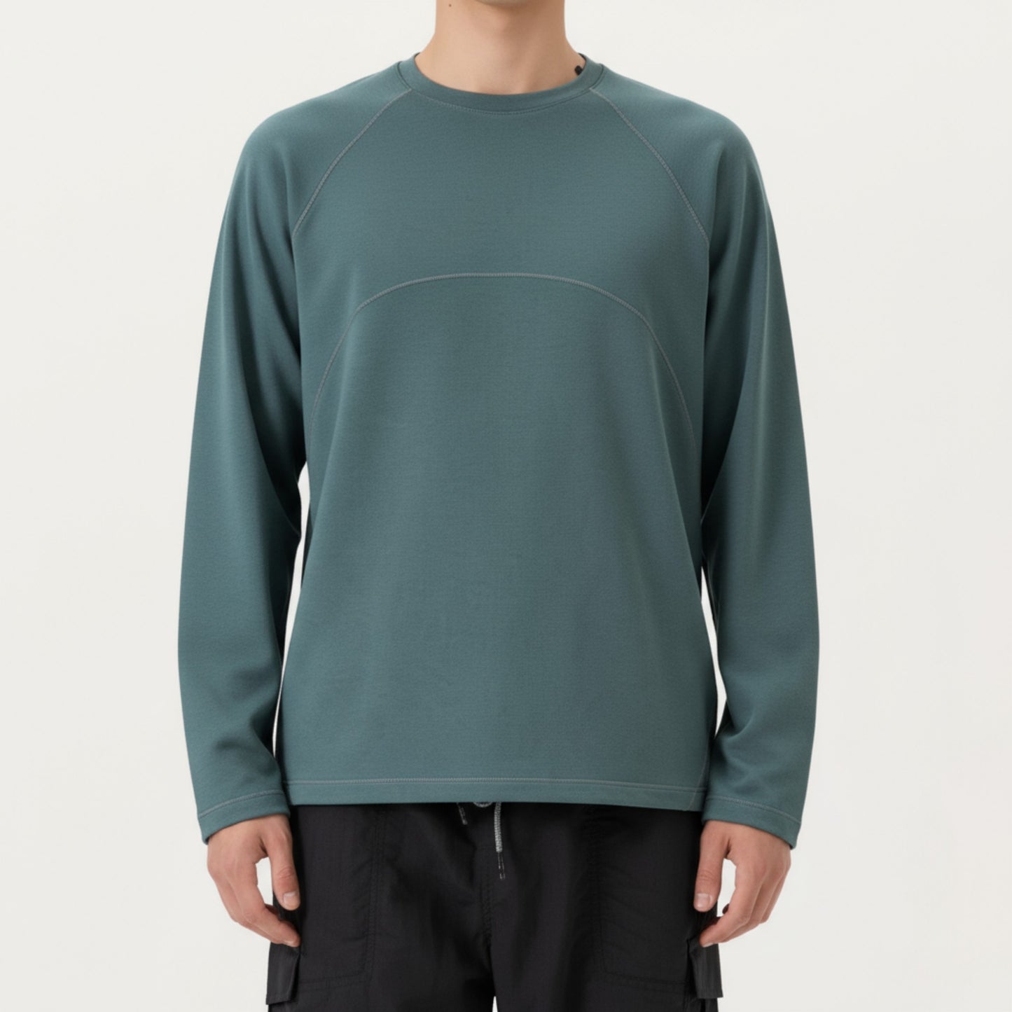 Anna-Kaci Men's Long Sleeve Crew Neck Pullover with Raglan Seams and Subtle Front Stitch Detail
