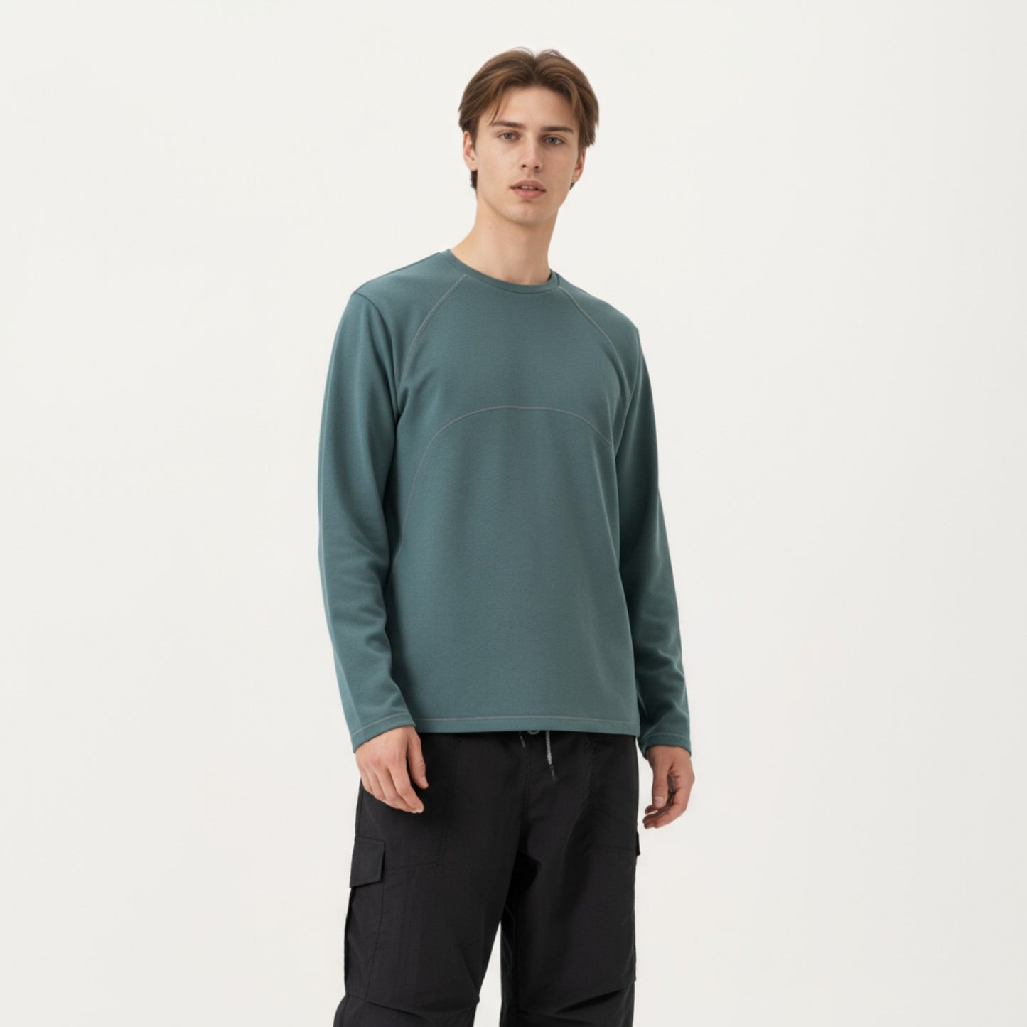 Anna-Kaci Men's Long Sleeve Crew Neck Pullover with Raglan Seams and Subtle Front Stitch Detail
