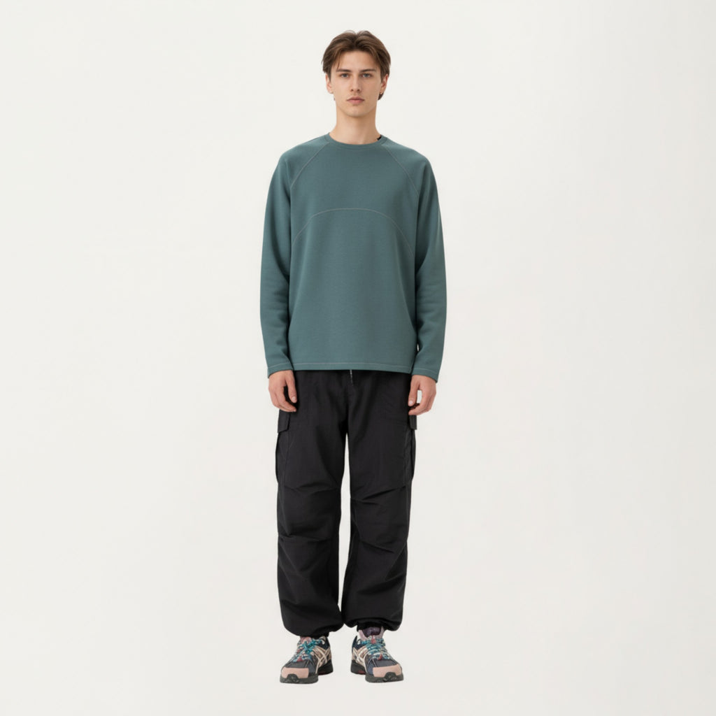 Anna-Kaci Men's Long Sleeve Crew Neck Pullover with Raglan Seams and Subtle Front Stitch Detail