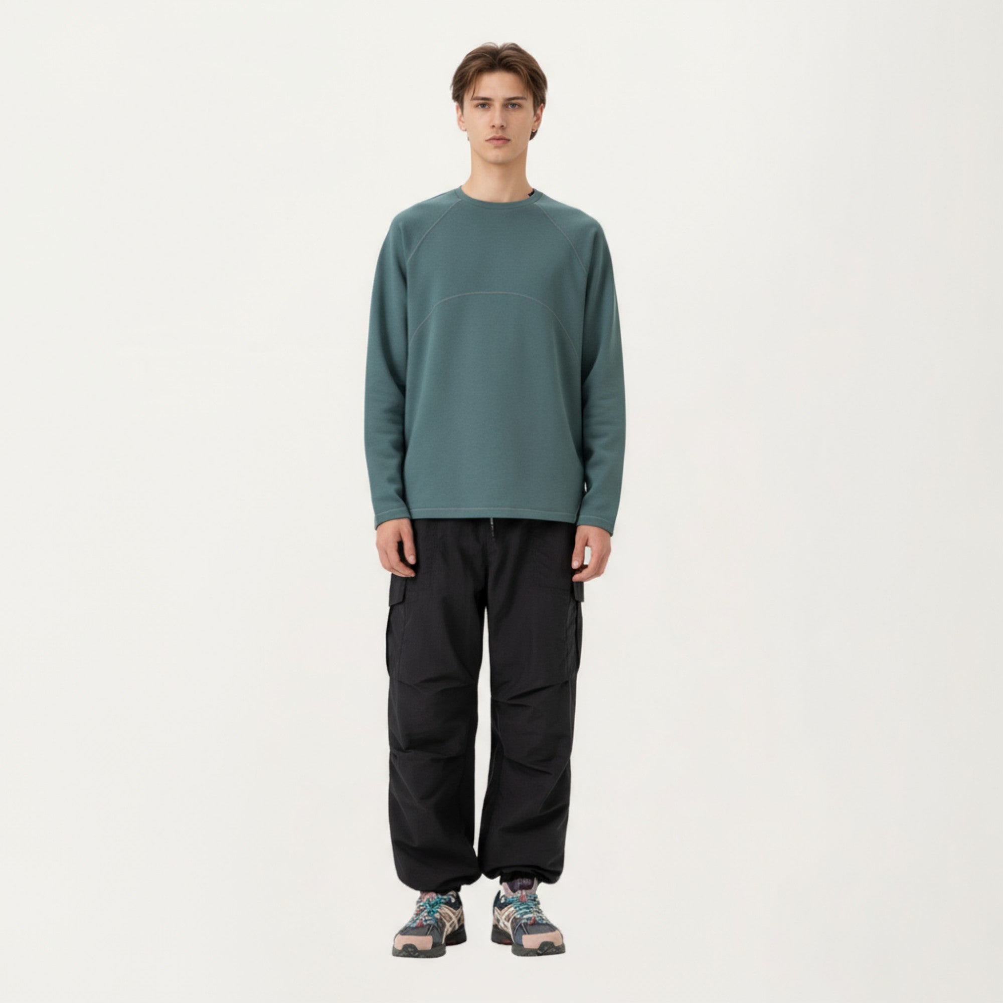 Anna-Kaci Men's Long Sleeve Crew Neck Pullover with Raglan Seams and Subtle Front Stitch Detail