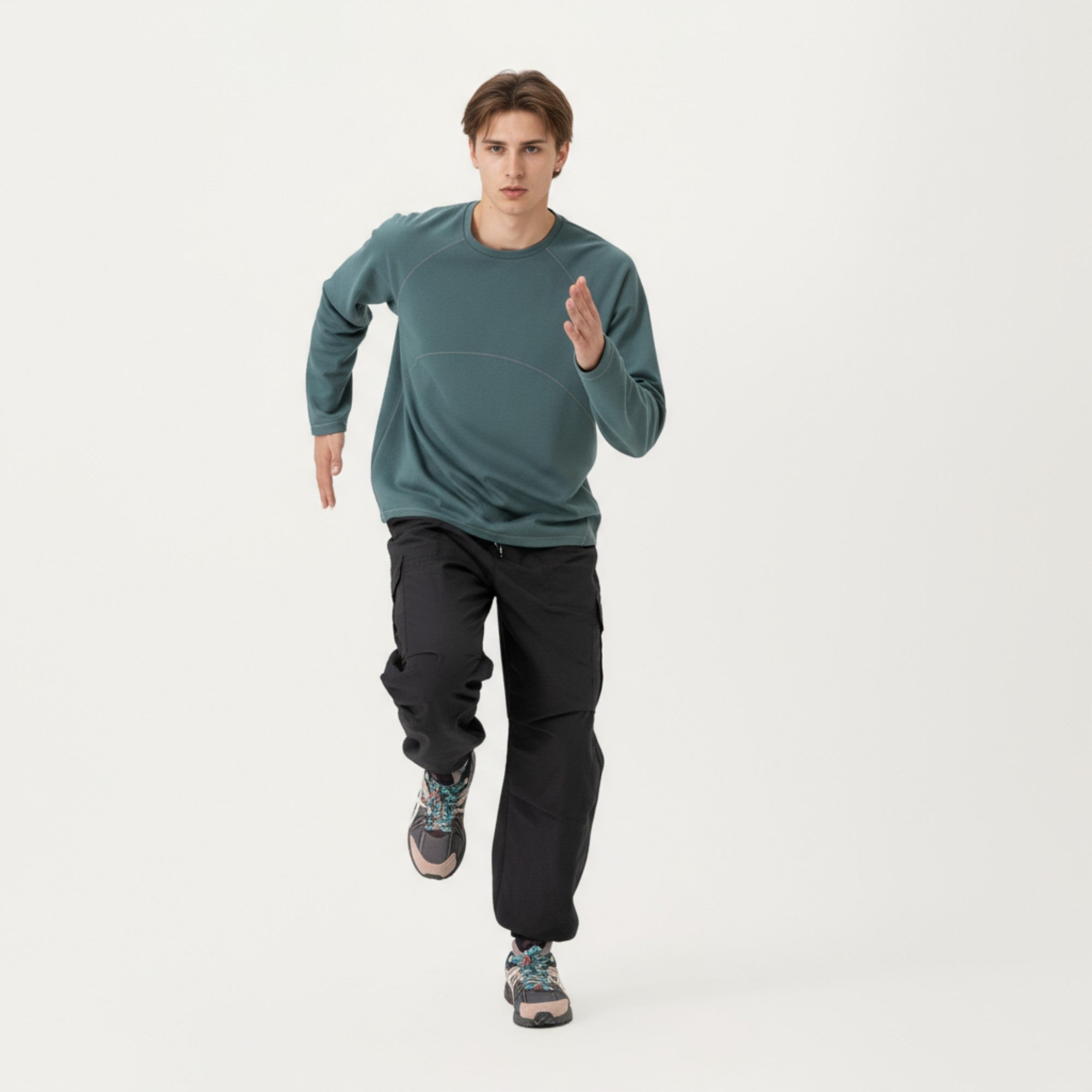 Anna-Kaci Men's Long Sleeve Crew Neck Pullover with Raglan Seams and Subtle Front Stitch Detail
