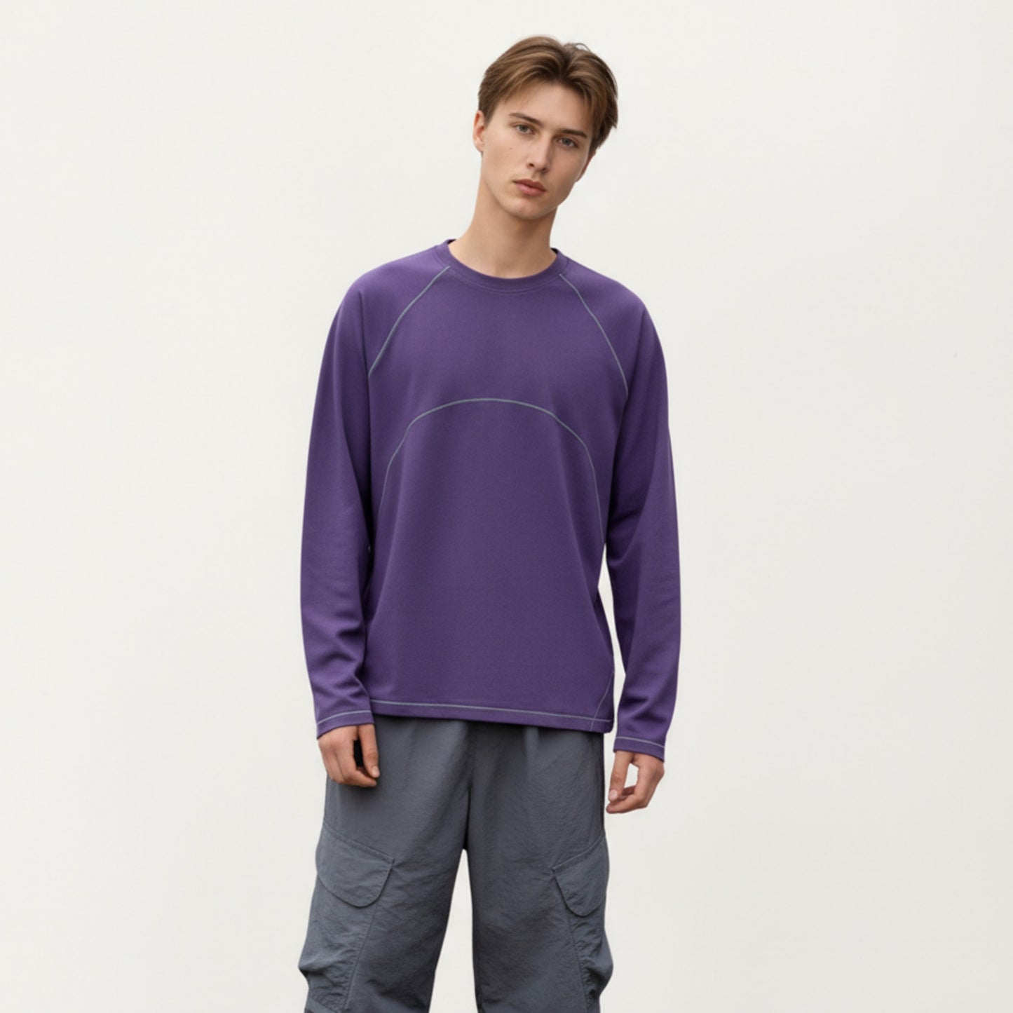 Anna-Kaci Men's Long Sleeve Crew Neck Pullover with Raglan Seams and Subtle Front Stitch Detail