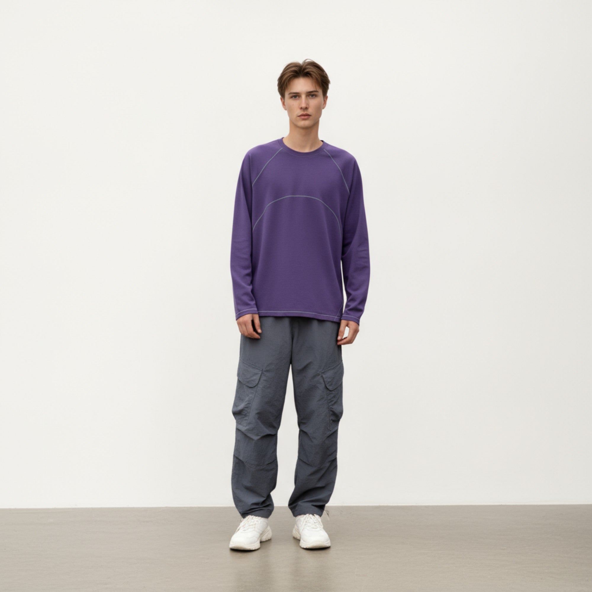 Anna-Kaci Men's Long Sleeve Crew Neck Pullover with Raglan Seams and Subtle Front Stitch Detail