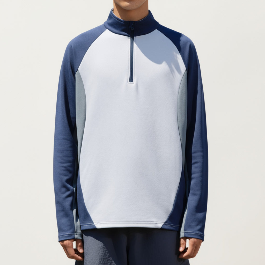 Anna-Kaci Men's Long Sleeve Quarter Zip Pullover with Color Block Panels and Stand Collar