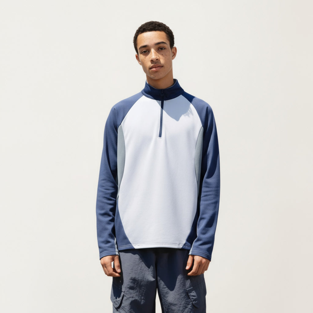Anna-Kaci Men's Long Sleeve Quarter Zip Pullover with Color Block Panels and Stand Collar